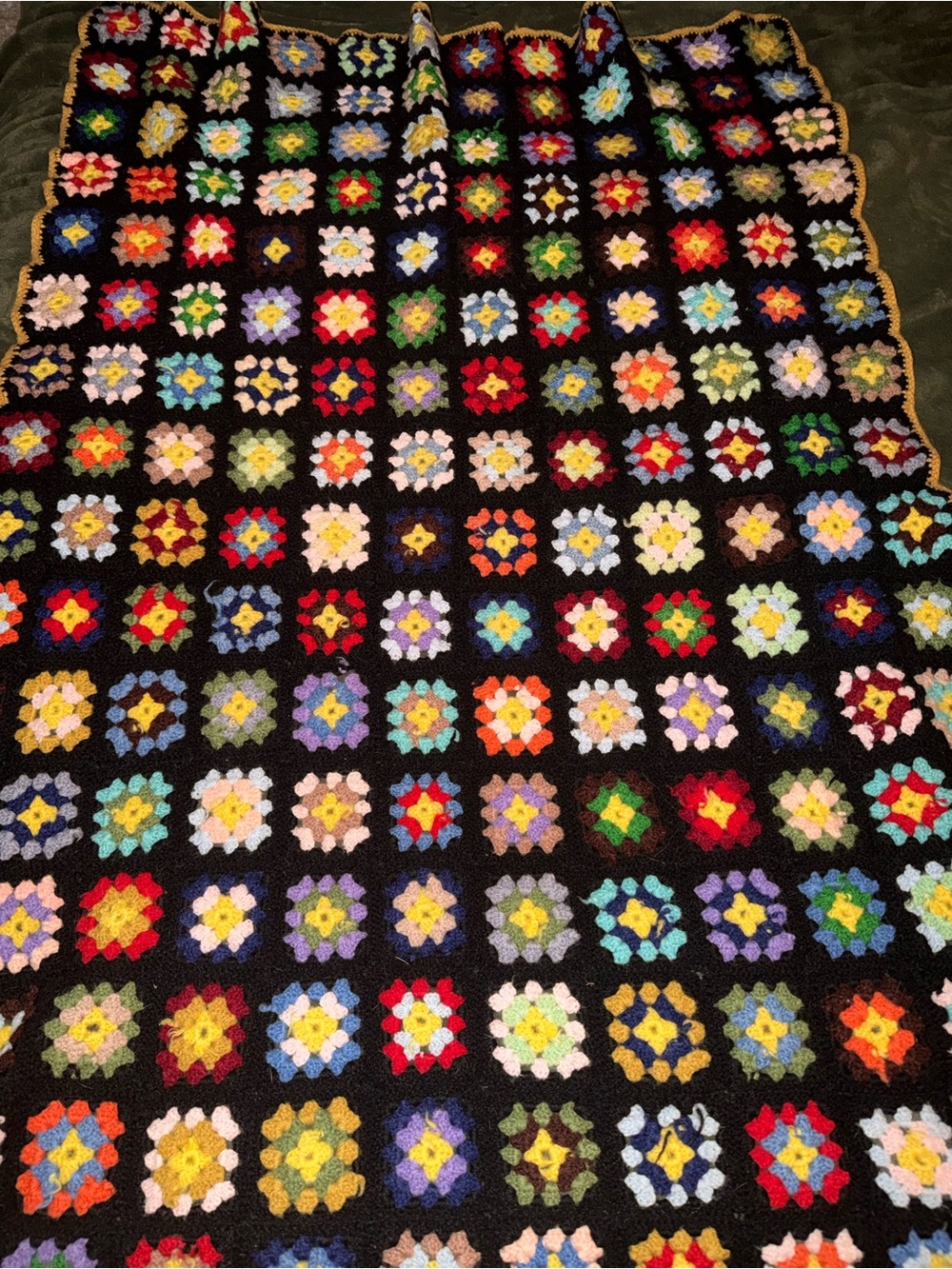 Vintage Colorful Granny Square Crochet Blanket on Black